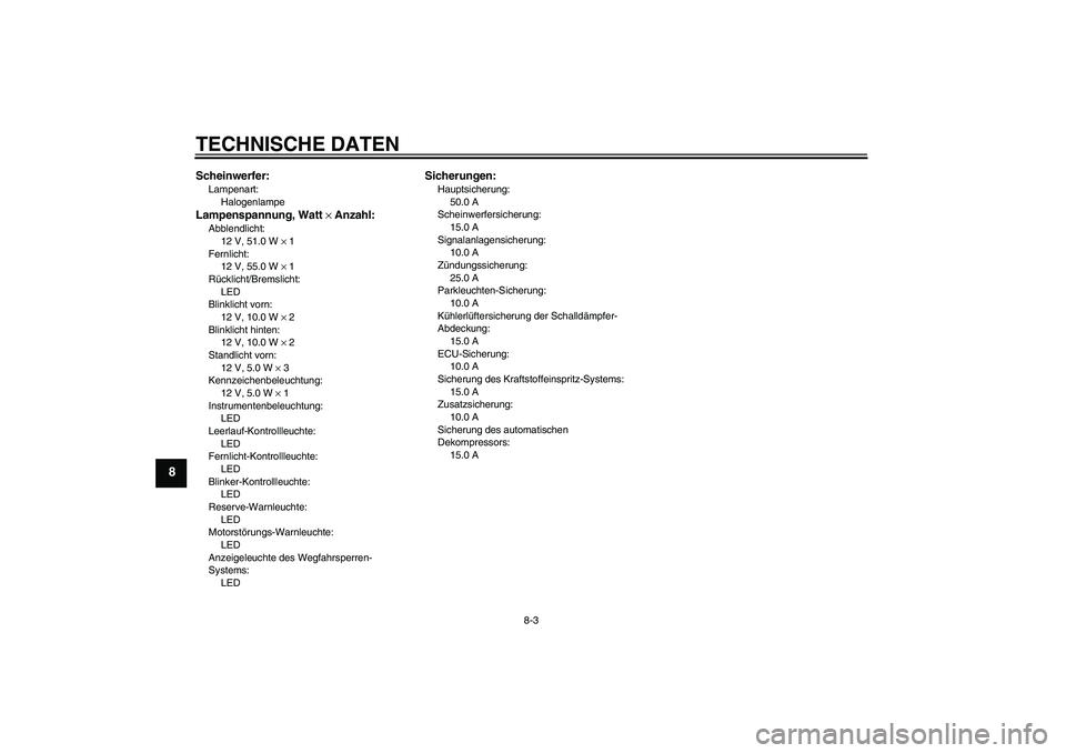 YAMAHA MT-01 2009  Betriebsanleitungen (in German) TECHNISCHE DATEN
8-3
8
Scheinwerfer:Lampenart:
HalogenlampeLampenspannung, Watt × Anzahl:Abblendlicht:
12 V, 51.0 W × 1
Fernlicht:
12 V, 55.0 W × 1
Rücklicht/Bremslicht:
LED
Blinklicht vorn:
12 V,