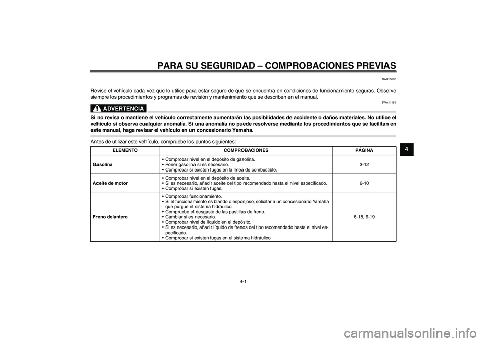 YAMAHA MT-01 2009  Manuale de Empleo (in Spanish) PARA SU SEGURIDAD – COMPROBACIONES PREVIAS
4-1
4
SAU15596
Revise el vehículo cada vez que lo utilice para estar seguro de que se encuentra en condiciones de funcionamiento seguras. Observe
siempre 