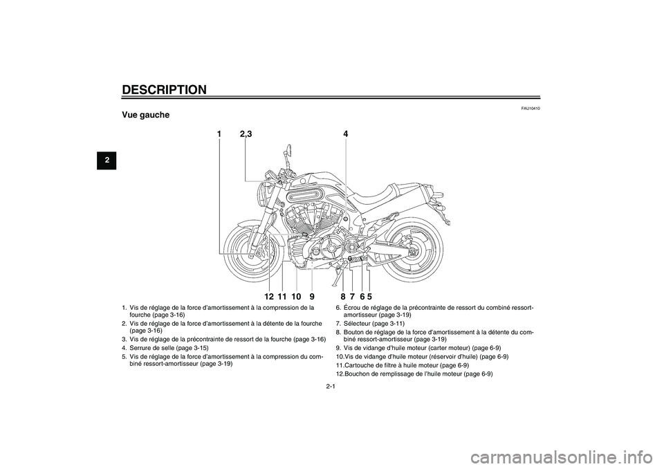 YAMAHA MT-01 2009  Notices Demploi (in French) DESCRIPTION
2-1
2
FAU10410
Vue gauche
142,3
12 11 10 9 8 7 6 5
1. Vis de réglage de la force d’amortissement à la compression de la 
fourche (page 3-16)
2. Vis de réglage de la force d’amortiss