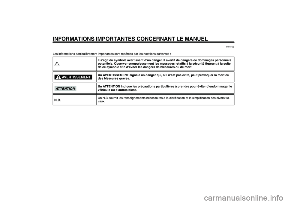 YAMAHA MT-01 2009  Notices Demploi (in French) INFORMATIONS IMPORTANTES CONCERNANT LE MANUEL
FAU10132
Les informations particulièrement importantes sont repérées par les notations suivantes :
Il s’agit du symbole avertissant d’un danger. Il