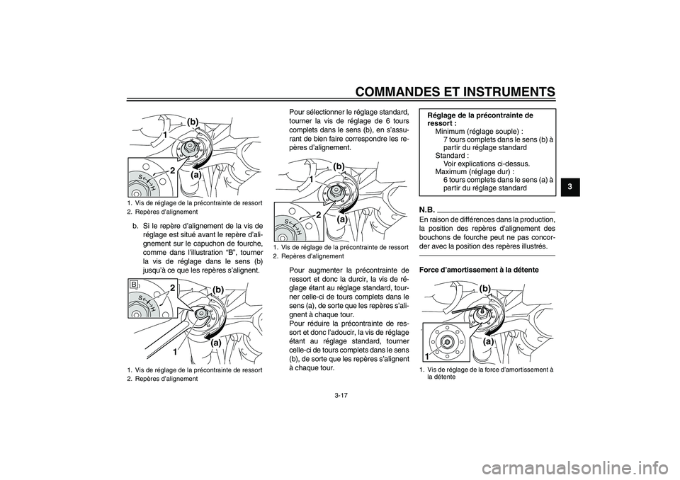 YAMAHA MT-01 2009  Notices Demploi (in French) COMMANDES ET INSTRUMENTS
3-17
3
b. Si le repère d’alignement de la vis de
réglage est situé avant le repère d’ali-
gnement sur le capuchon de fourche,
comme dans l’illustration “B”, tour