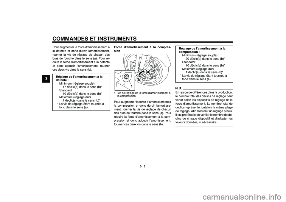 YAMAHA MT-01 2009 Notices Demploi (in French) COMMANDES ET INSTRUMENTS
3-18
3
Pour augmenter la force d’amortissement à
la détente et donc durcir l’amortissement,
tourner la vis de réglage de chacun des
bras de fourche dans le sens (a). Po YAMAHA MT-01 2009 Notices Demploi (in French) COMMANDES ET INSTRUMENTS
3-18
3
Pour augmenter la force d’amortissement à
la détente et donc durcir l’amortissement,
tourner la vis de réglage de chacun des
bras de fourche dans le sens (a). Po