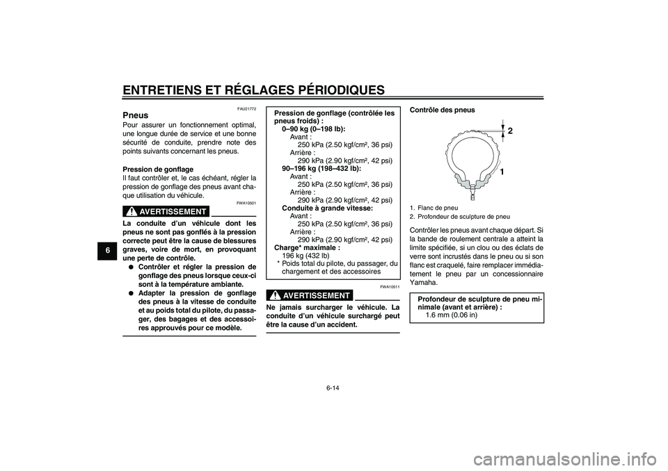 YAMAHA MT-01 2009  Notices Demploi (in French) ENTRETIENS ET RÉGLAGES PÉRIODIQUES
6-14
6
FAU21772
Pneus Pour assurer un fonctionnement optimal,
une longue durée de service et une bonne
sécurité de conduite, prendre note des
points suivants co