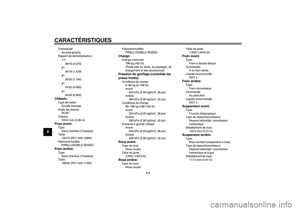 YAMAHA MT-01 2009  Notices Demploi (in French) CARACTÉRISTIQUES
8-2
8
Commande:
Au pied gauche
Rapport de démultiplication:
1
re:
38/16 (2.375)
2e:
30/19 (1.579)
3e:
29/25 (1.160)
4e:
24/25 (0.960)
5e:
24/30 (0.800)
Châssis:Type de cadre:
Doubl