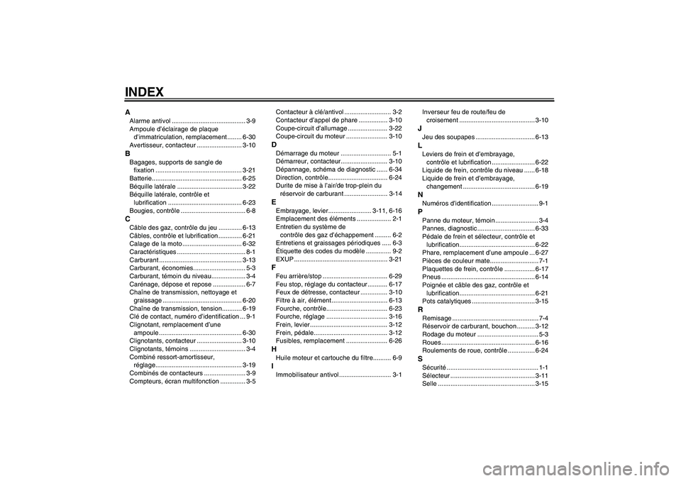 YAMAHA MT-01 2009  Notices Demploi (in French) INDEXAAlarme antivol ......................................... 3-9
Ampoule d’éclairage de plaque 
d’immatriculation, remplacement ........ 6-30
Avertisseur, contacteur ......................... 3