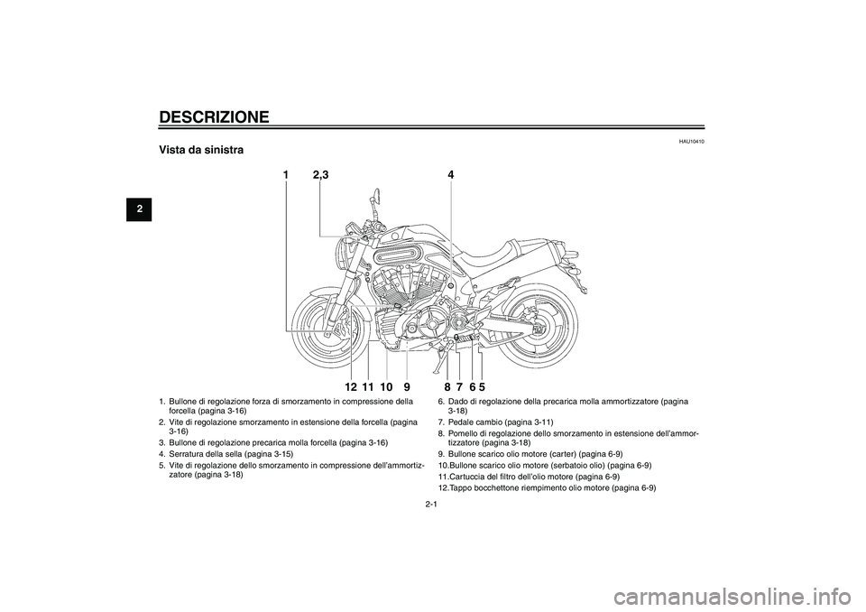 YAMAHA MT-01 2009 Manuale duso (in Italian) DESCRIZIONE
2-1
2
HAU10410
Vista da sinistra
142,3
12 11 10 9 8 7 6 5
1. Bullone di regolazione forza di smorzamento in compressione della
forcella (pagina 3-16)
2. Vite di regolazione smorzamento in YAMAHA MT-01 2009 Manuale duso (in Italian) DESCRIZIONE
2-1
2
HAU10410
Vista da sinistra
142,3
12 11 10 9 8 7 6 5
1. Bullone di regolazione forza di smorzamento in compressione della
forcella (pagina 3-16)
2. Vite di regolazione smorzamento in