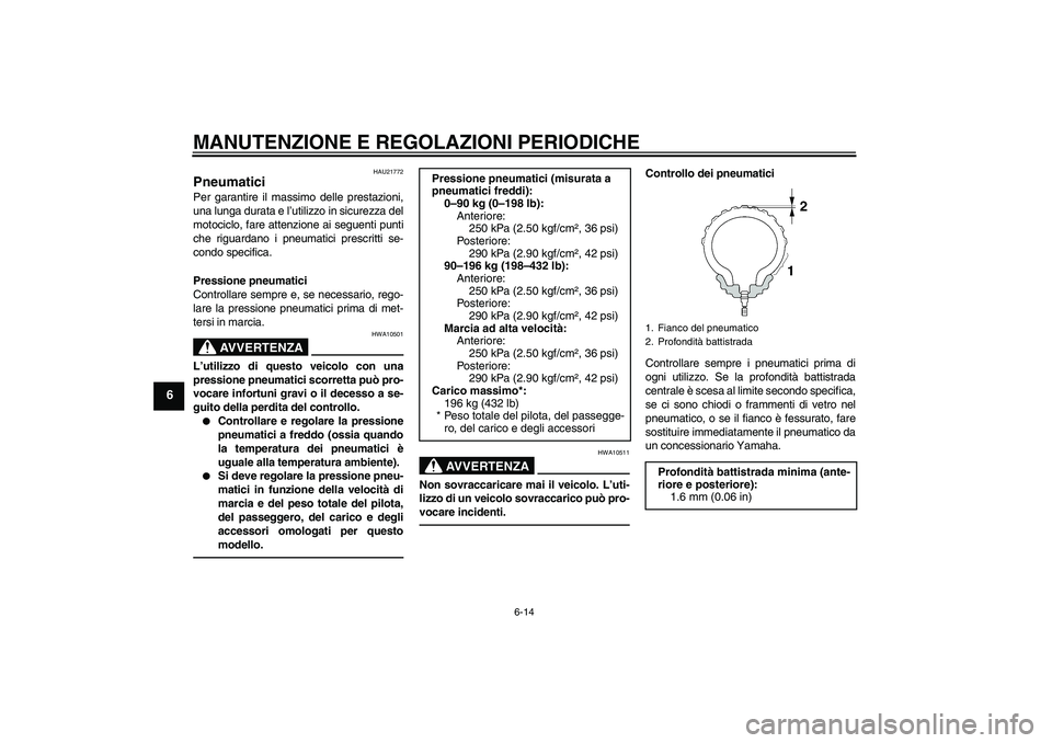 YAMAHA MT-01 2009  Manuale duso (in Italian) MANUTENZIONE E REGOLAZIONI PERIODICHE
6-14
6
HAU21772
Pneumatici Per garantire il massimo delle prestazioni,
una lunga durata e l’utilizzo in sicurezza del
motociclo, fare attenzione ai seguenti pun