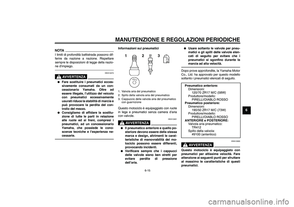 YAMAHA MT-01 2009  Manuale duso (in Italian) MANUTENZIONE E REGOLAZIONI PERIODICHE
6-15
6
NOTAI limiti di profondità battistrada possono dif-
ferire da nazione a nazione. Rispettare
sempre le disposizioni di legge della nazio-
ne d’impiego.
A