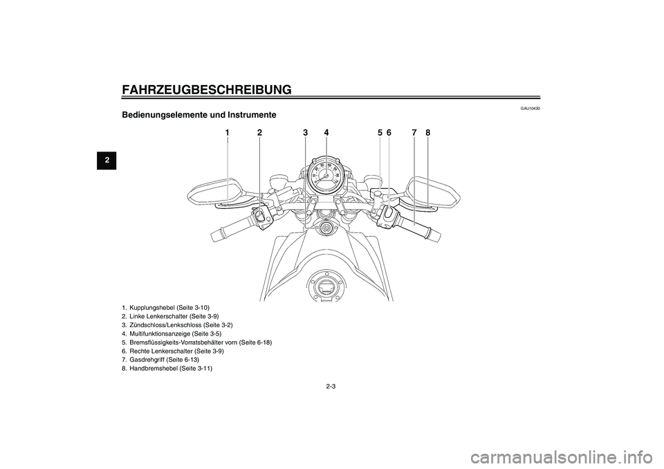 YAMAHA MT-01 2008  Betriebsanleitungen (in German) FAHRZEUGBESCHREIBUNG
2-3
2
GAU10430
Bedienungselemente und Instrumente1. Kupplungshebel (Seite 3-10)
2. Linke Lenkerschalter (Seite 3-9)
3. Zündschloss/Lenkschloss (Seite 3-2)
4. Multifunktionsanzeig