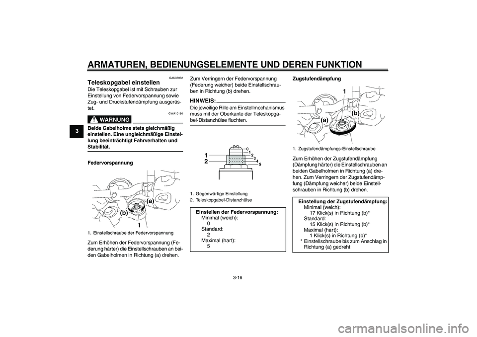 YAMAHA MT-01 2008  Betriebsanleitungen (in German) ARMATUREN, BEDIENUNGSELEMENTE UND DEREN FUNKTION
3-16
3
GAU36932
Teleskopgabel einstellen Die Teleskopgabel ist mit Schrauben zur 
Einstellung von Federvorspannung sowie 
Zug- und Druckstufendämpfung