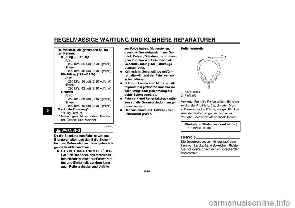 YAMAHA MT-01 2008  Betriebsanleitungen (in German) REGELMÄSSIGE WARTUNG UND KLEINERE REPARATUREN
6-14
6
WARNUNG
GWA11020
Da die Beladung das Fahr- sowie das 
Bremsverhalten und damit die Sicher-
heit des Motorrads beeinflusst, stets fol-
gende Punkte