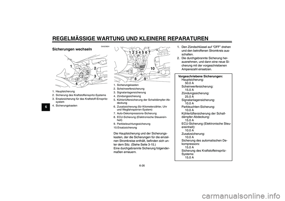 YAMAHA MT-01 2008  Betriebsanleitungen (in German) REGELMÄSSIGE WARTUNG UND KLEINERE REPARATUREN
6-26
6
GAU23624
Sicherungen wechseln 
Die Hauptsicherung und der Sicherungs-
kasten, der die Sicherungen für die einzel-
nen Stromkreise enthält, befin