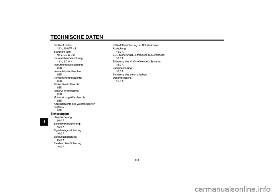 YAMAHA MT-01 2008 Betriebsanleitungen (in German) TECHNISCHE DATEN
8-3
8
Blinklicht hinten:
12 V, 10.0 W × 2
Standlicht vorn:
12 V, 5.0 W × 3
Kennzeichenbeleuchtung:
12 V, 5.0 W × 1
Instrumentenbeleuchtung:
LED
Leerlauf-Kontrollleuchte:
LED
Fernli YAMAHA MT-01 2008 Betriebsanleitungen (in German) TECHNISCHE DATEN
8-3
8
Blinklicht hinten:
12 V, 10.0 W × 2
Standlicht vorn:
12 V, 5.0 W × 3
Kennzeichenbeleuchtung:
12 V, 5.0 W × 1
Instrumentenbeleuchtung:
LED
Leerlauf-Kontrollleuchte:
LED
Fernli