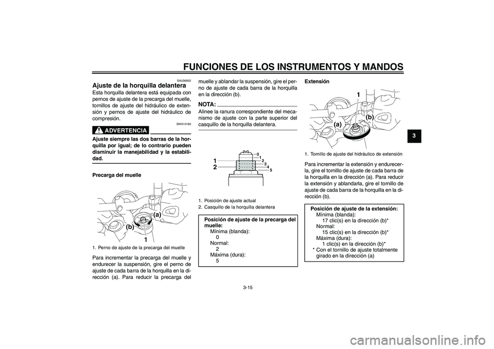 YAMAHA MT-01 2008  Manuale de Empleo (in Spanish) FUNCIONES DE LOS INSTRUMENTOS Y MANDOS
3-15
3
SAU36932
Ajuste de la horquilla delantera Esta horquilla delantera está equipada con
pernos de ajuste de la precarga del muelle,
tornillos de ajuste del 