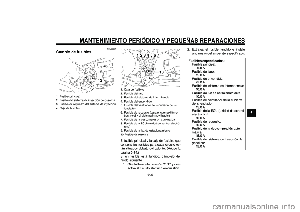 YAMAHA MT-01 2008  Manuale de Empleo (in Spanish) MANTENIMIENTO PERIÓDICO Y PEQUEÑAS REPARACIONES
6-26
6
SAU23624
Cambio de fusibles 
El fusible principal y la caja de fusibles que
contiene los fusibles para cada circuito es-
tán situados debajo d