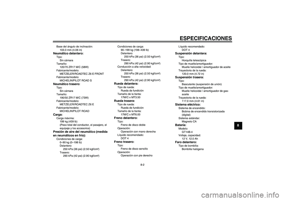 YAMAHA MT-01 2008  Manuale de Empleo (in Spanish) ESPECIFICACIONES
8-2
8
Base del ángulo de inclinación:
103.0 mm (4.06 in)Neumático delantero:Tipo:
Sin cámara
Tamaño:
120/70 ZR17 M/C (58W)
Fabricante/modelo:
METZELER/ROADTEC Z6 E FRONT
Fabrican