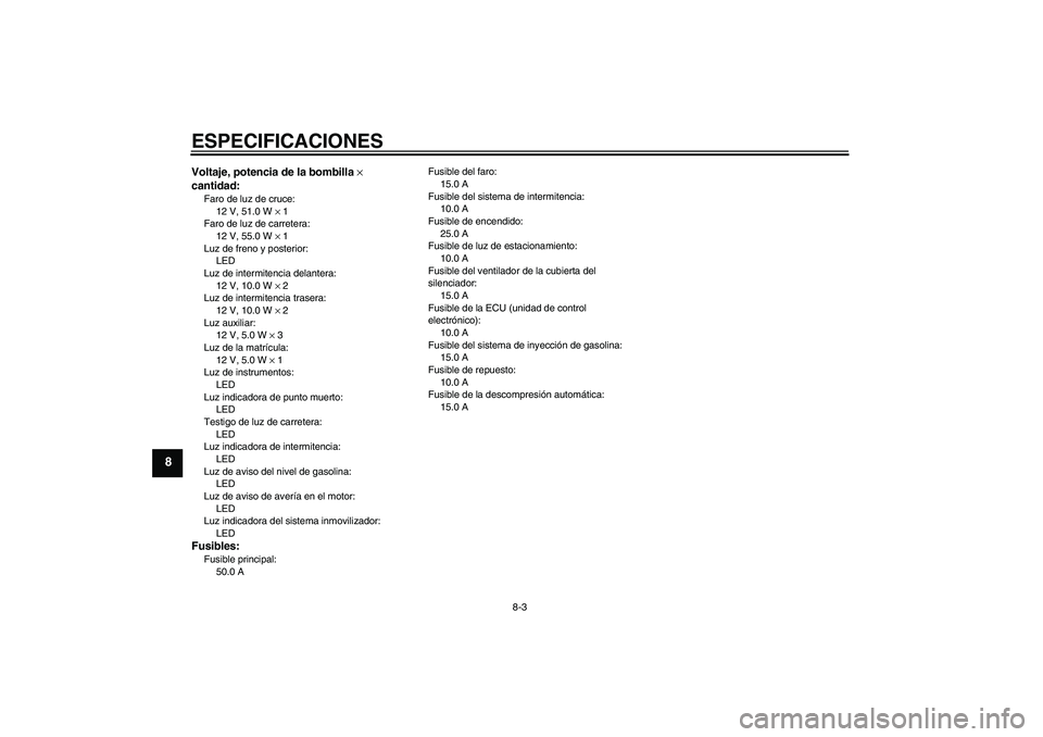 YAMAHA MT-01 2008 Manuale de Empleo (in Spanish) ESPECIFICACIONES
8-3
8
Voltaje, potencia de la bombilla ×
cantidad:Faro de luz de cruce:
12 V, 51.0 W × 1
Faro de luz de carretera:
12 V, 55.0 W × 1
Luz de freno y posterior:
LED
Luz de intermiten YAMAHA MT-01 2008 Manuale de Empleo (in Spanish) ESPECIFICACIONES
8-3
8
Voltaje, potencia de la bombilla ×
cantidad:Faro de luz de cruce:
12 V, 51.0 W × 1
Faro de luz de carretera:
12 V, 55.0 W × 1
Luz de freno y posterior:
LED
Luz de intermiten