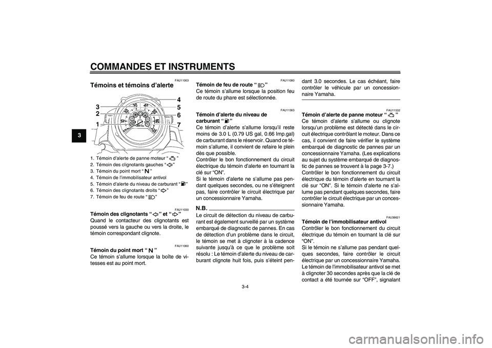 YAMAHA MT-01 2008  Notices Demploi (in French) COMMANDES ET INSTRUMENTS
3-4
3
FAU11003
Témoins et témoins d’alerte 
FAU11030
Témoin des clignotants“” et“” 
Quand le contacteur des clignotants est
poussé vers la gauche ou vers la droi