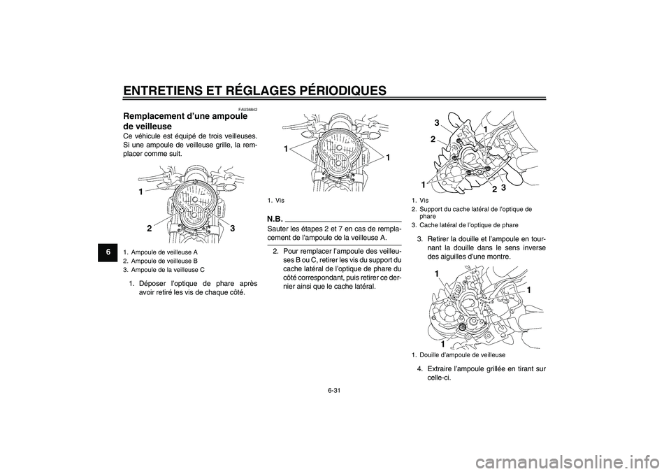 YAMAHA MT-01 2008  Notices Demploi (in French) ENTRETIENS ET RÉGLAGES PÉRIODIQUES
6-31
6
FAU36842
Remplacement d’une ampoule 
de veilleuse Ce véhicule est équipé de trois veilleuses.
Si une ampoule de veilleuse grille, la rem-
placer comme 
