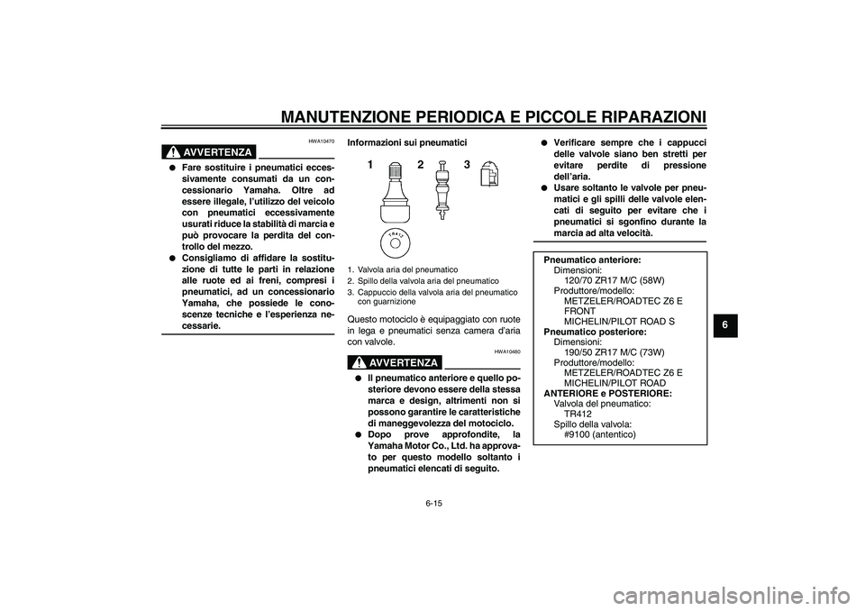 YAMAHA MT-01 2008  Manuale duso (in Italian) MANUTENZIONE PERIODICA E PICCOLE RIPARAZIONI
6-15
6
AVVERTENZA
HWA10470

Fare sostituire i pneumatici ecces-
sivamente consumati da un con-
cessionario Yamaha. Oltre ad
essere illegale, l’utilizzo 