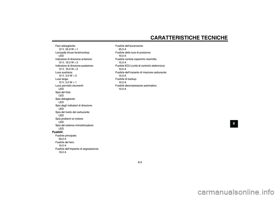 YAMAHA MT-01 2008  Manuale duso (in Italian) CARATTERISTICHE TECNICHE
8-3
8
Faro abbagliante:
12 V, 55.0 W × 1
Lampada biluce fanalino/stop:
LED
Indicatore di direzione anteriore:
12 V, 10.0 W × 2
Indicatore di direzione posteriore:
12 V, 10.0