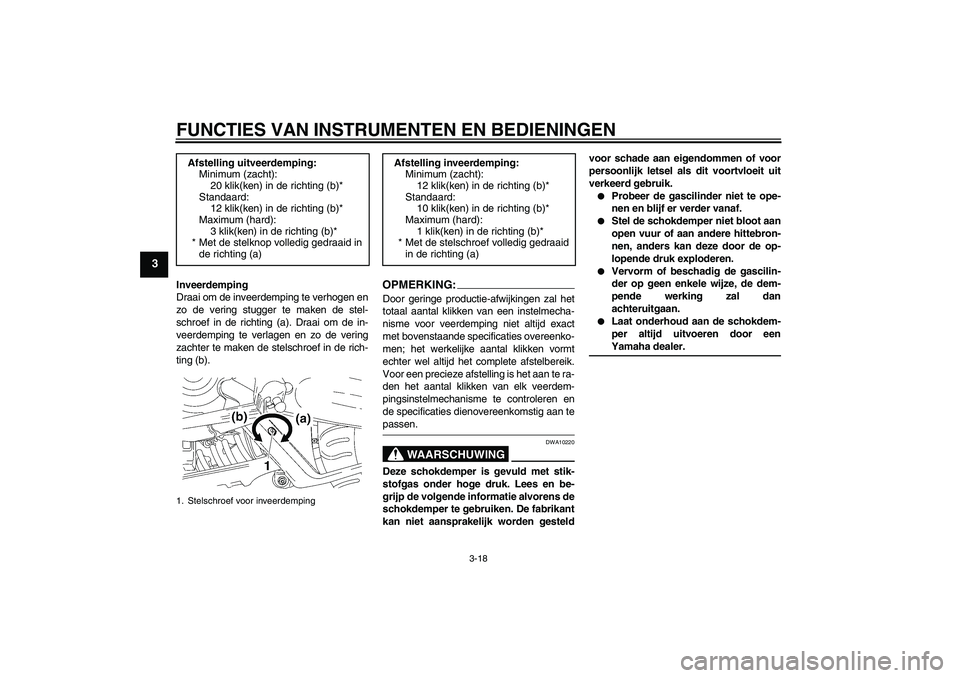 YAMAHA MT-01 2008  Instructieboekje (in Dutch) FUNCTIES VAN INSTRUMENTEN EN BEDIENINGEN
3-18
3
Inveerdemping
Draai om de inveerdemping te verhogen en
zo de vering stugger te maken de stel-
schroef in de richting (a). Draai om de in-
veerdemping te