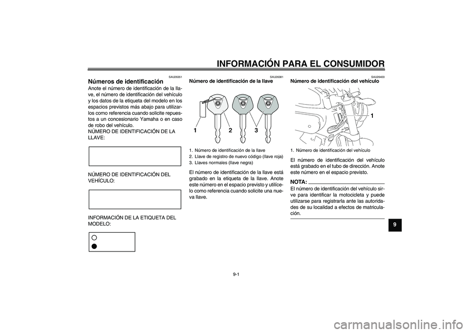 YAMAHA MT-01 2007 Manuale de Empleo (in Spanish) INFORMACIÓN PARA EL CONSUMIDOR
9-1
9
SAU26351
Números de identificación Anote el número de identificación de la lla-
ve, el número de identificación del vehículo
y los datos de la etiqueta del YAMAHA MT-01 2007 Manuale de Empleo (in Spanish) INFORMACIÓN PARA EL CONSUMIDOR
9-1
9
SAU26351
Números de identificación Anote el número de identificación de la lla-
ve, el número de identificación del vehículo
y los datos de la etiqueta del