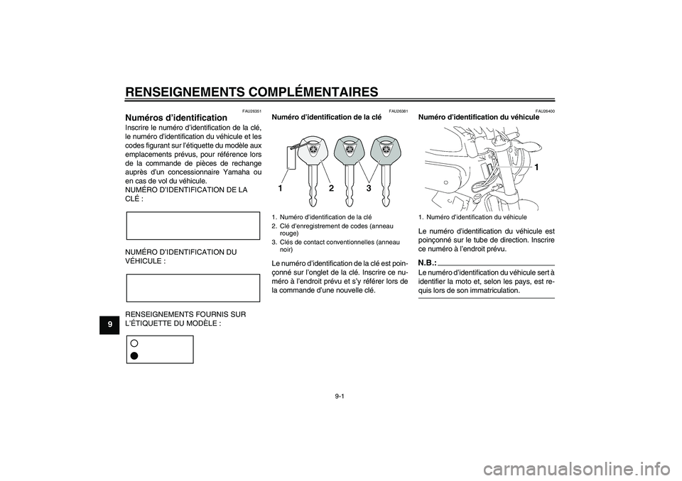 YAMAHA MT-01 2007 Notices Demploi (in French) RENSEIGNEMENTS COMPLÉMENTAIRES
9-1
9
FAU26351
Numéros d’identification Inscrire le numéro d’identification de la clé,
le numéro d’identification du véhicule et les
codes figurant sur l’à YAMAHA MT-01 2007 Notices Demploi (in French) RENSEIGNEMENTS COMPLÉMENTAIRES
9-1
9
FAU26351
Numéros d’identification Inscrire le numéro d’identification de la clé,
le numéro d’identification du véhicule et les
codes figurant sur l’Ã