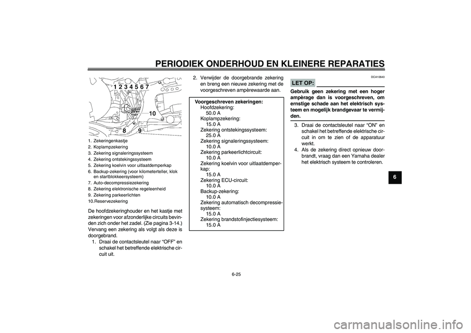 YAMAHA MT-01 2007 Instructieboekje (in Dutch) PERIODIEK ONDERHOUD EN KLEINERE REPARATIES
6-25
6
De hoofdzekeringhouder en het kastje met
zekeringen voor afzonderlijke circuits bevin-
den zich onder het zadel. (Zie pagina 3-14.)
Vervang een zekeri YAMAHA MT-01 2007 Instructieboekje (in Dutch) PERIODIEK ONDERHOUD EN KLEINERE REPARATIES
6-25
6
De hoofdzekeringhouder en het kastje met
zekeringen voor afzonderlijke circuits bevin-
den zich onder het zadel. (Zie pagina 3-14.)
Vervang een zekeri