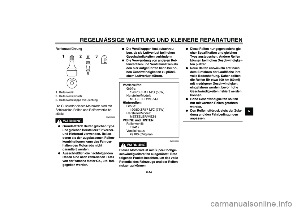 YAMAHA MT-01 2006  Betriebsanleitungen (in German) REGELMÄSSIGE WARTUNG UND KLEINERE REPARATUREN
6-14
6
Reifenausführung
Die Gussräder dieses Motorrads sind mit 
Schlauchlos-Reifen und Reifenventile be-
stückt.
WARNUNG
GWA10480

Grundsätzlich Re