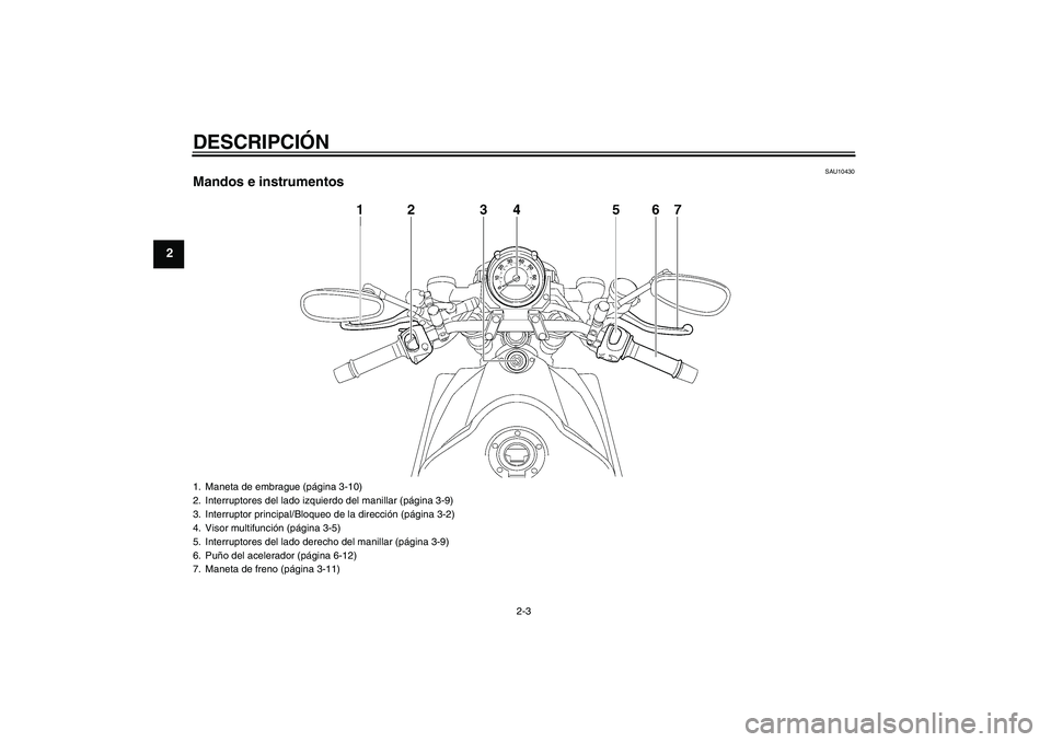 YAMAHA MT-01 2006 Manuale de Empleo (in Spanish) DESCRIPCIÓN
2-3
2
SAU10430
Mandos e instrumentos1. Maneta de embrague (página 3-10)
2. Interruptores del lado izquierdo del manillar (página 3-9)
3. Interruptor principal/Bloqueo de la dirección ( YAMAHA MT-01 2006 Manuale de Empleo (in Spanish) DESCRIPCIÓN
2-3
2
SAU10430
Mandos e instrumentos1. Maneta de embrague (página 3-10)
2. Interruptores del lado izquierdo del manillar (página 3-9)
3. Interruptor principal/Bloqueo de la dirección (