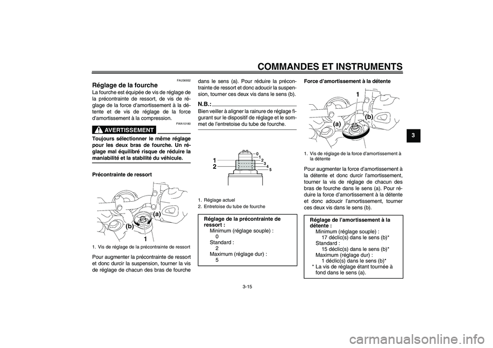 YAMAHA MT-01 2006 Notices Demploi (in French) COMMANDES ET INSTRUMENTS
3-15
3
FAU36932
Réglage de la fourche La fourche est équipée de vis de réglage de
la précontrainte de ressort, de vis de ré-
glage de la force d’amortissement à la d YAMAHA MT-01 2006 Notices Demploi (in French) COMMANDES ET INSTRUMENTS
3-15
3
FAU36932
Réglage de la fourche La fourche est équipée de vis de réglage de
la précontrainte de ressort, de vis de ré-
glage de la force d’amortissement à la d