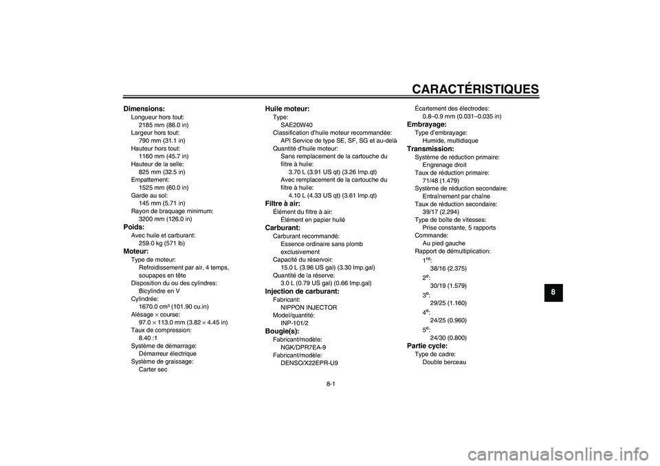YAMAHA MT-01 2006 Notices Demploi (in French) CARACTÉRISTIQUES
8-1
8
Dimensions:Longueur hors tout:
2185 mm (86.0 in)
Largeur hors tout:
790 mm (31.1 in)
Hauteur hors tout:
1160 mm (45.7 in)
Hauteur de la selle:
825 mm (32.5 in)
Empattement:
152 YAMAHA MT-01 2006 Notices Demploi (in French) CARACTÉRISTIQUES
8-1
8
Dimensions:Longueur hors tout:
2185 mm (86.0 in)
Largeur hors tout:
790 mm (31.1 in)
Hauteur hors tout:
1160 mm (45.7 in)
Hauteur de la selle:
825 mm (32.5 in)
Empattement:
152