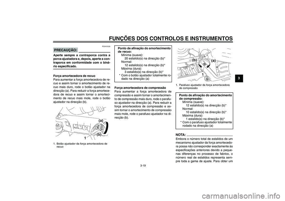 YAMAHA MT-01 2006 Manual de utilização (in Portuguese) FUNÇÕES DOS CONTROLOS E INSTRUMENTOS
3-19
3
PRECAUÇÃO:
PCA10120
Aperte sempre a contraporca contra a
porca ajustadora e, depois, aperte a con-
traporca em conformidade com o biná-rio especificado YAMAHA MT-01 2006 Manual de utilização (in Portuguese) FUNÇÕES DOS CONTROLOS E INSTRUMENTOS
3-19
3
PRECAUÇÃO:
PCA10120
Aperte sempre a contraporca contra a
porca ajustadora e, depois, aperte a con-
traporca em conformidade com o biná-rio especificado