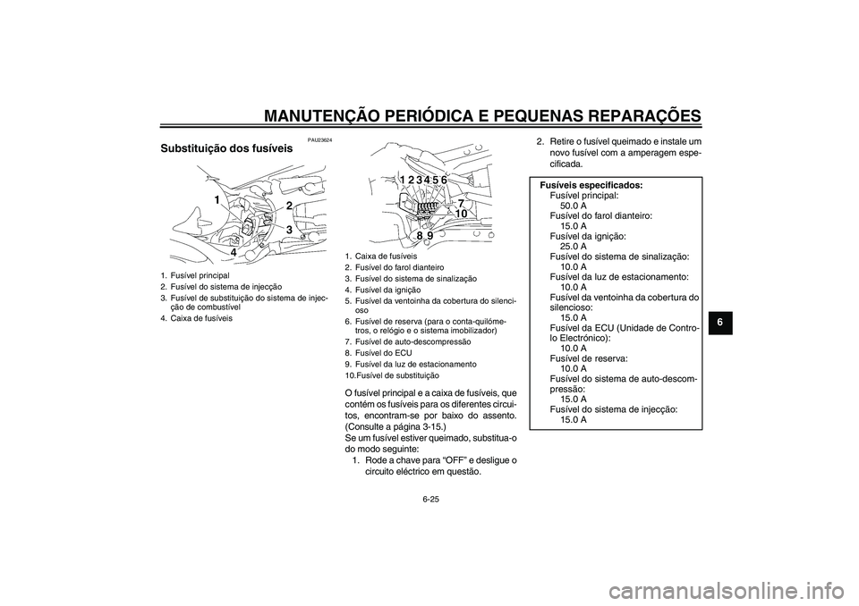 YAMAHA MT-01 2006 Manual de utilização (in Portuguese) MANUTENÇÃO PERIÓDICA E PEQUENAS REPARAÇÕES
6-25
6
PAU23624
Substituição dos fusíveis
O fusível principal e a caixa de fusíveis, que
contém os fusíveis para os diferentes circui-
tos, enco YAMAHA MT-01 2006 Manual de utilização (in Portuguese) MANUTENÇÃO PERIÓDICA E PEQUENAS REPARAÇÕES
6-25
6
PAU23624
Substituição dos fusíveis
O fusível principal e a caixa de fusíveis, que
contém os fusíveis para os diferentes circui-
tos, enco