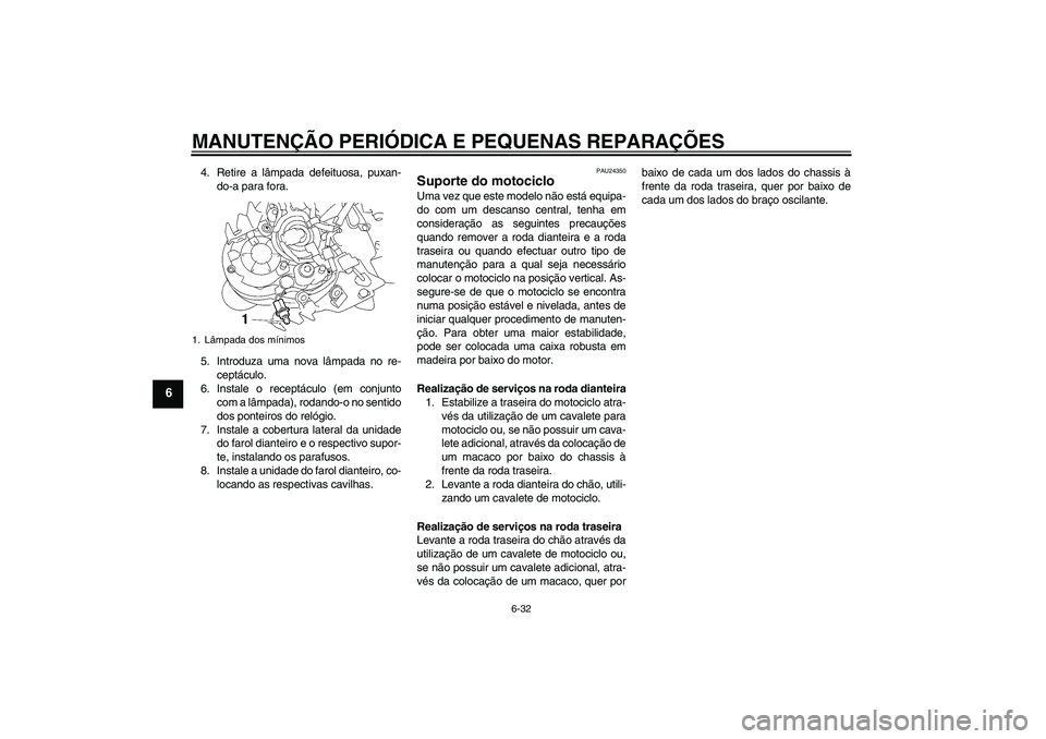 YAMAHA MT-01 2006 Manual de utilização (in Portuguese) MANUTENÇÃO PERIÓDICA E PEQUENAS REPARAÇÕES
6-32
6
4. Retire a lâmpada defeituosa, puxan-
do-a para fora.
5. Introduza uma nova lâmpada no re-
ceptáculo.
6. Instale o receptáculo (em conjunto
YAMAHA MT-01 2006 Manual de utilização (in Portuguese) MANUTENÇÃO PERIÓDICA E PEQUENAS REPARAÇÕES
6-32
6
4. Retire a lâmpada defeituosa, puxan-
do-a para fora.
5. Introduza uma nova lâmpada no re-
ceptáculo.
6. Instale o receptáculo (em conjunto