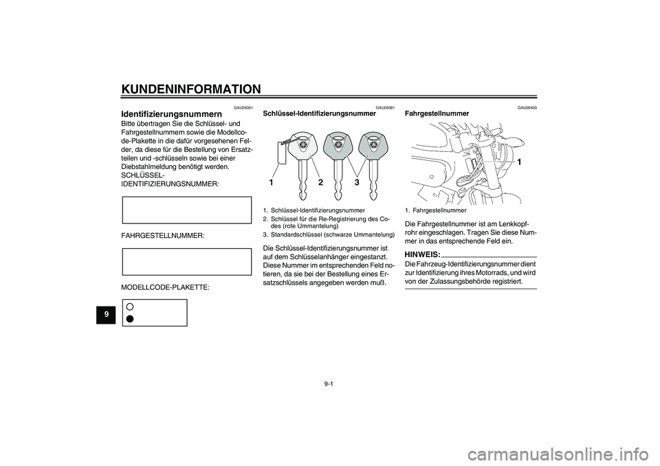 YAMAHA MT-01 2005  Betriebsanleitungen (in German) KUNDENINFORMATION
9-1
9
GAU26351
Identifizierungsnummern Bitte übertragen Sie die Schlüssel- und 
Fahrgestellnummern sowie die Modellco-
de-Plakette in die dafür vorgesehenen Fel-
der, da diese fü