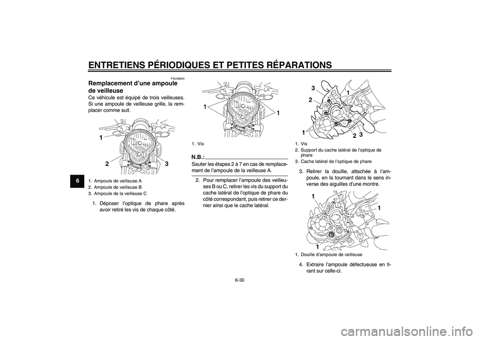YAMAHA MT-01 2005  Notices Demploi (in French) ENTRETIENS PÉRIODIQUES ET PETITES RÉPARATIONS
6-30
6
FAU36840
Remplacement d’une ampoule 
de veilleuse Ce véhicule est équipé de trois veilleuses.
Si une ampoule de veilleuse grille, la rem-
pl