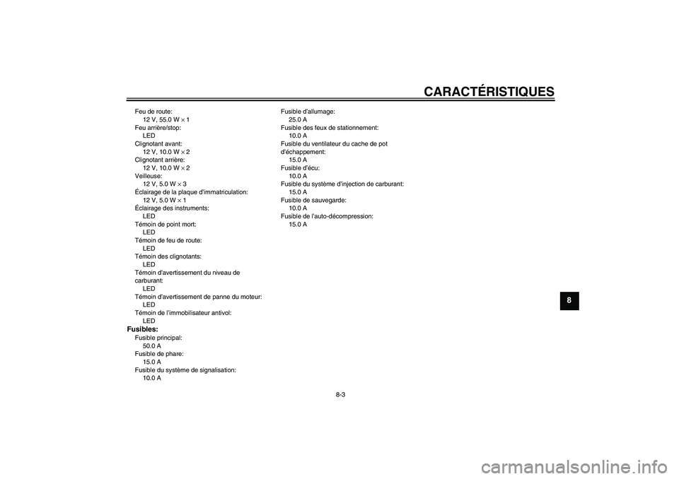 YAMAHA MT-01 2005 Notices Demploi (in French) CARACTÉRISTIQUES
8-3
8
Feu de route:
12 V, 55.0 W × 1
Feu arrière/stop:
LED
Clignotant avant:
12 V, 10.0 W × 2
Clignotant arrière:
12 V, 10.0 W × 2
Veilleuse:
12 V, 5.0 W × 3
Éclairage de la p YAMAHA MT-01 2005 Notices Demploi (in French) CARACTÉRISTIQUES
8-3
8
Feu de route:
12 V, 55.0 W × 1
Feu arrière/stop:
LED
Clignotant avant:
12 V, 10.0 W × 2
Clignotant arrière:
12 V, 10.0 W × 2
Veilleuse:
12 V, 5.0 W × 3
Éclairage de la p