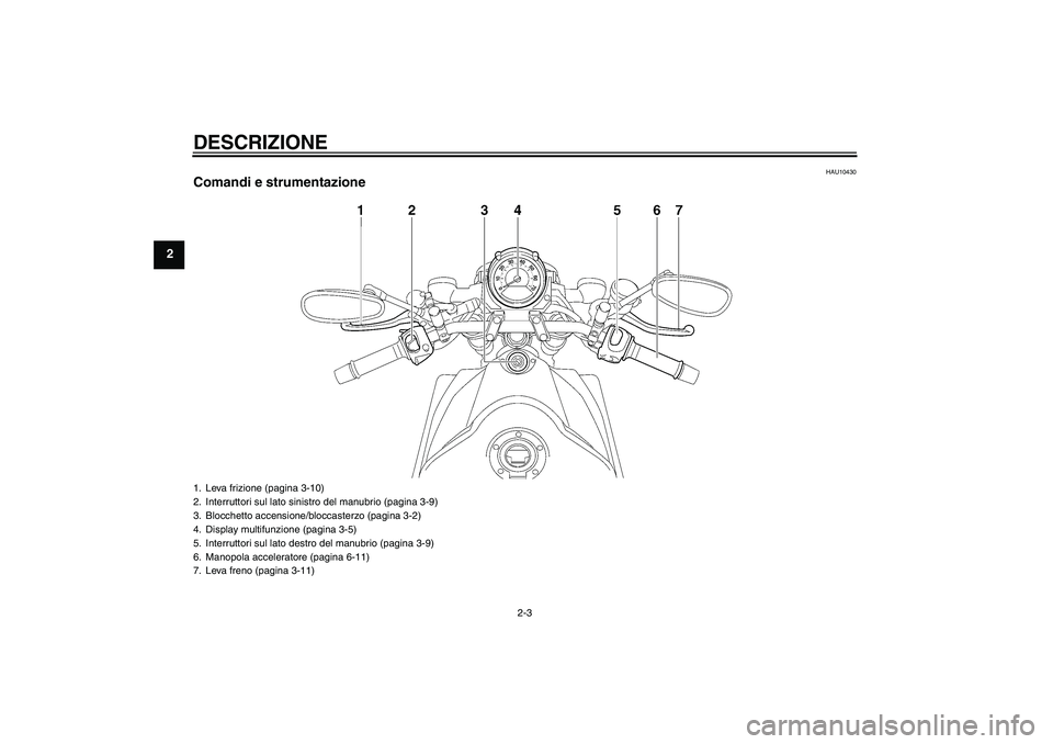 YAMAHA MT-01 2005 Manuale duso (in Italian) DESCRIZIONE
2-3
2
HAU10430
Comandi e strumentazione1. Leva frizione (pagina 3-10)
2. Interruttori sul lato sinistro del manubrio (pagina 3-9)
3. Blocchetto accensione/bloccasterzo (pagina 3-2)
4. Disp YAMAHA MT-01 2005 Manuale duso (in Italian) DESCRIZIONE
2-3
2
HAU10430
Comandi e strumentazione1. Leva frizione (pagina 3-10)
2. Interruttori sul lato sinistro del manubrio (pagina 3-9)
3. Blocchetto accensione/bloccasterzo (pagina 3-2)
4. Disp