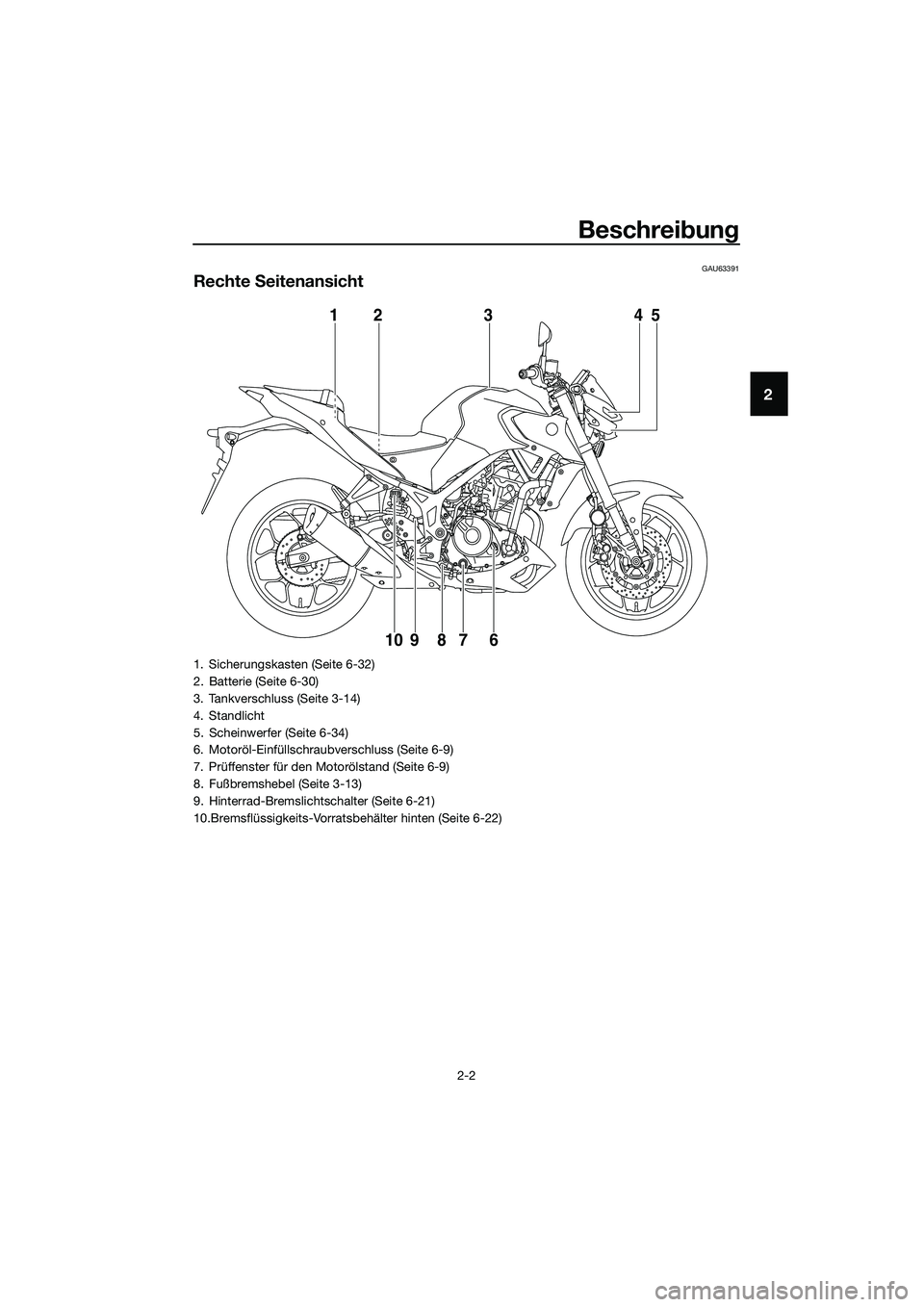 YAMAHA MT-03 2020 Betriebsanleitungen (in German) Beschreibung
2-2
2
GAU63391
Rechte Seitenansicht
12
10 9 8 7 6345
1. Sicherungskasten (Seite 6-32)
2. Batterie (Seite 6-30)
3. Tankverschluss (Seite 3-14)
4. Standlicht
5. Scheinwerfer (Seite 6-34)
6. YAMAHA MT-03 2020 Betriebsanleitungen (in German) Beschreibung
2-2
2
GAU63391
Rechte Seitenansicht
12
10 9 8 7 6345
1. Sicherungskasten (Seite 6-32)
2. Batterie (Seite 6-30)
3. Tankverschluss (Seite 3-14)
4. Standlicht
5. Scheinwerfer (Seite 6-34)
6.