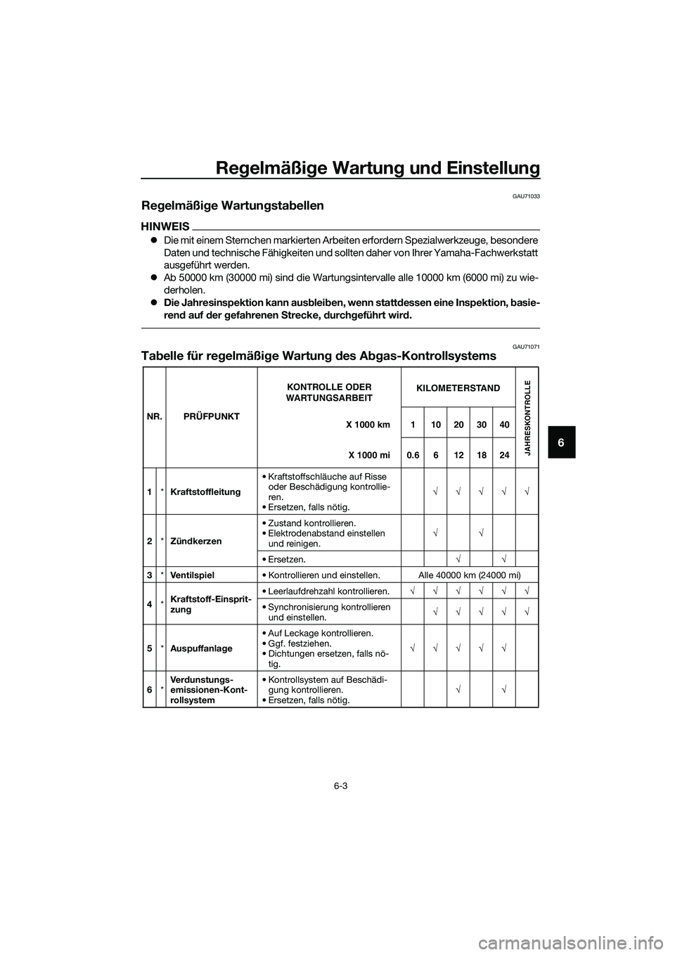 YAMAHA MT-03 2020  Betriebsanleitungen (in German) Regelmäßige Wartung und Einstellung
6-3
6
GAU71033
Regelmäßige Wartungstabellen
HINWEIS
Die mit einem Sternchen markierten Arbeiten erfordern Spezialwerkzeuge, besondere 
Daten und technische F