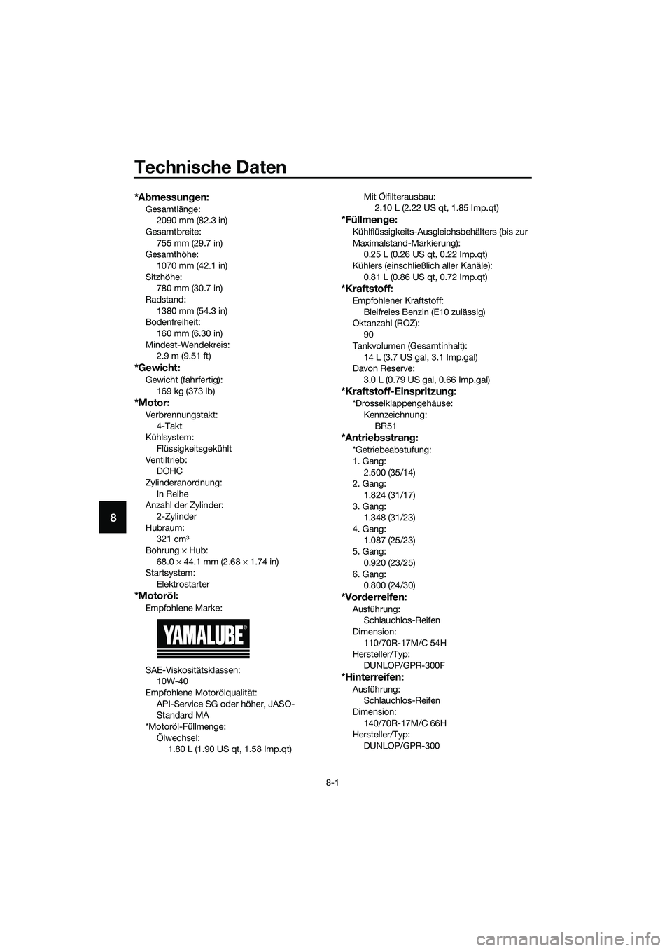 YAMAHA MT-03 2020 Betriebsanleitungen (in German) Technische Daten
8-1
8
*Abmessungen:
Gesamtlänge:
2090 mm (82.3 in)
Gesamtbreite:
755 mm (29.7 in)
Gesamthöhe:
1070 mm (42.1 in)
Sitzhöhe:
780 mm (30.7 in)
Radstand:
1380 mm (54.3 in)
Bodenfreiheit YAMAHA MT-03 2020 Betriebsanleitungen (in German) Technische Daten
8-1
8
*Abmessungen:
Gesamtlänge:
2090 mm (82.3 in)
Gesamtbreite:
755 mm (29.7 in)
Gesamthöhe:
1070 mm (42.1 in)
Sitzhöhe:
780 mm (30.7 in)
Radstand:
1380 mm (54.3 in)
Bodenfreiheit