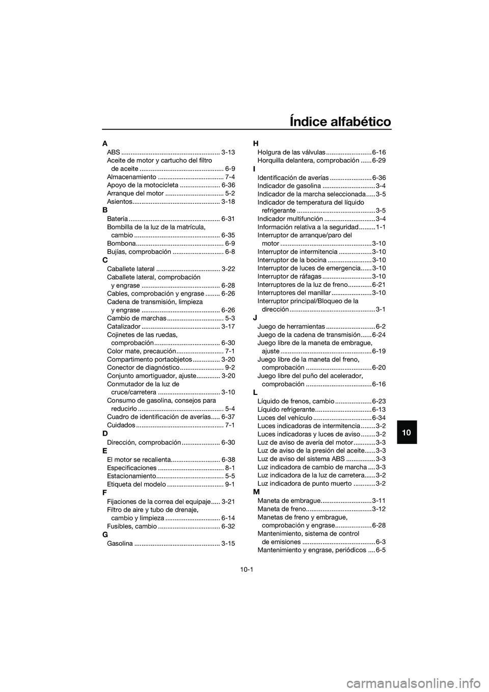 YAMAHA MT-03 2020  Manuale de Empleo (in Spanish) 10-1
10
Índice alfabético
A
ABS ...................................................... 3-13
Aceite de motor y cartucho del filtro 
de aceite .............................................. 6-9
Almace