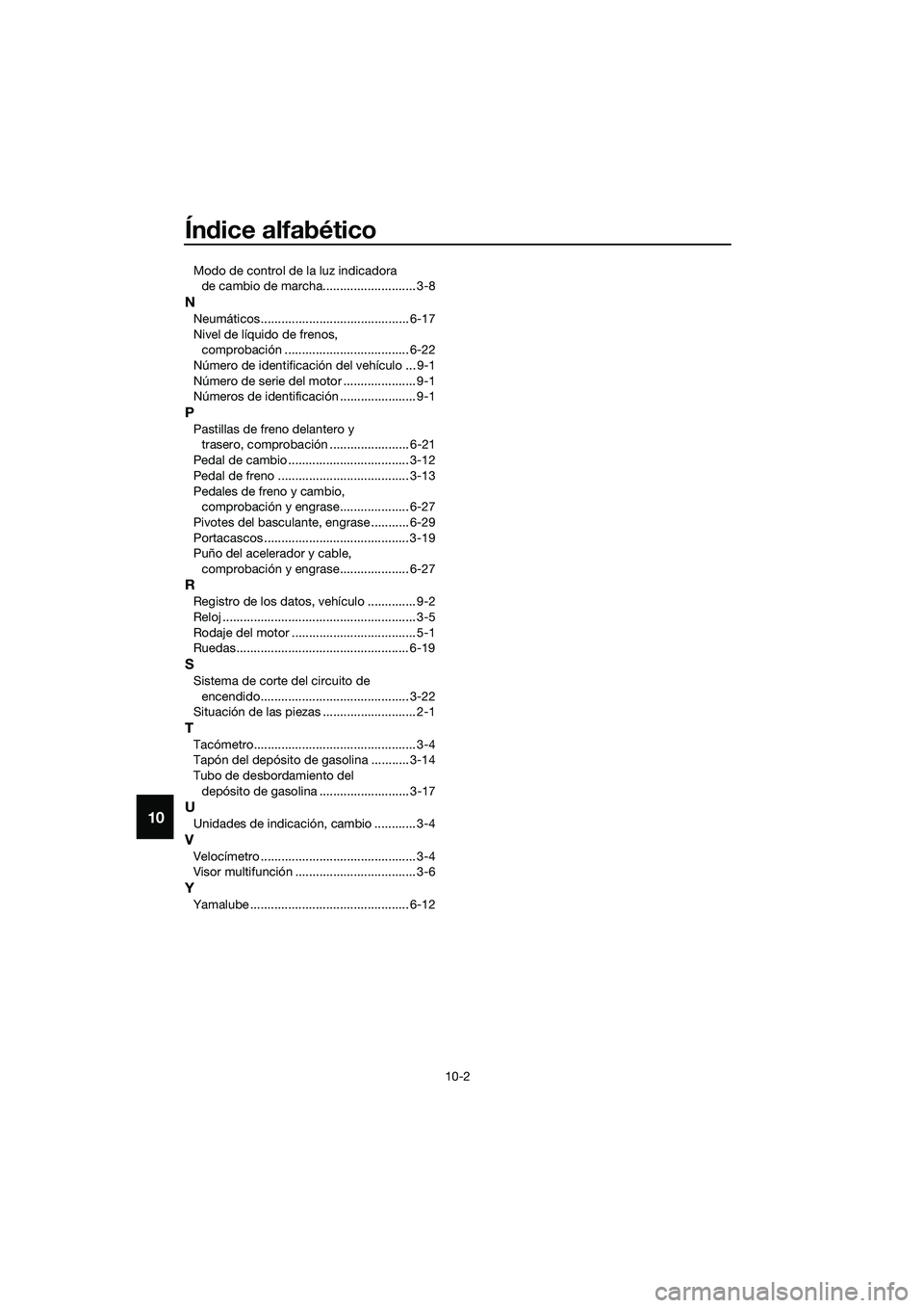 YAMAHA MT-03 2020  Manuale de Empleo (in Spanish) Índice alfabético
10-2
10
Modo de control de la luz indicadora 
de cambio de marcha........................... 3-8
N
Neumáticos ........................................... 6-17
Nivel de líquido de