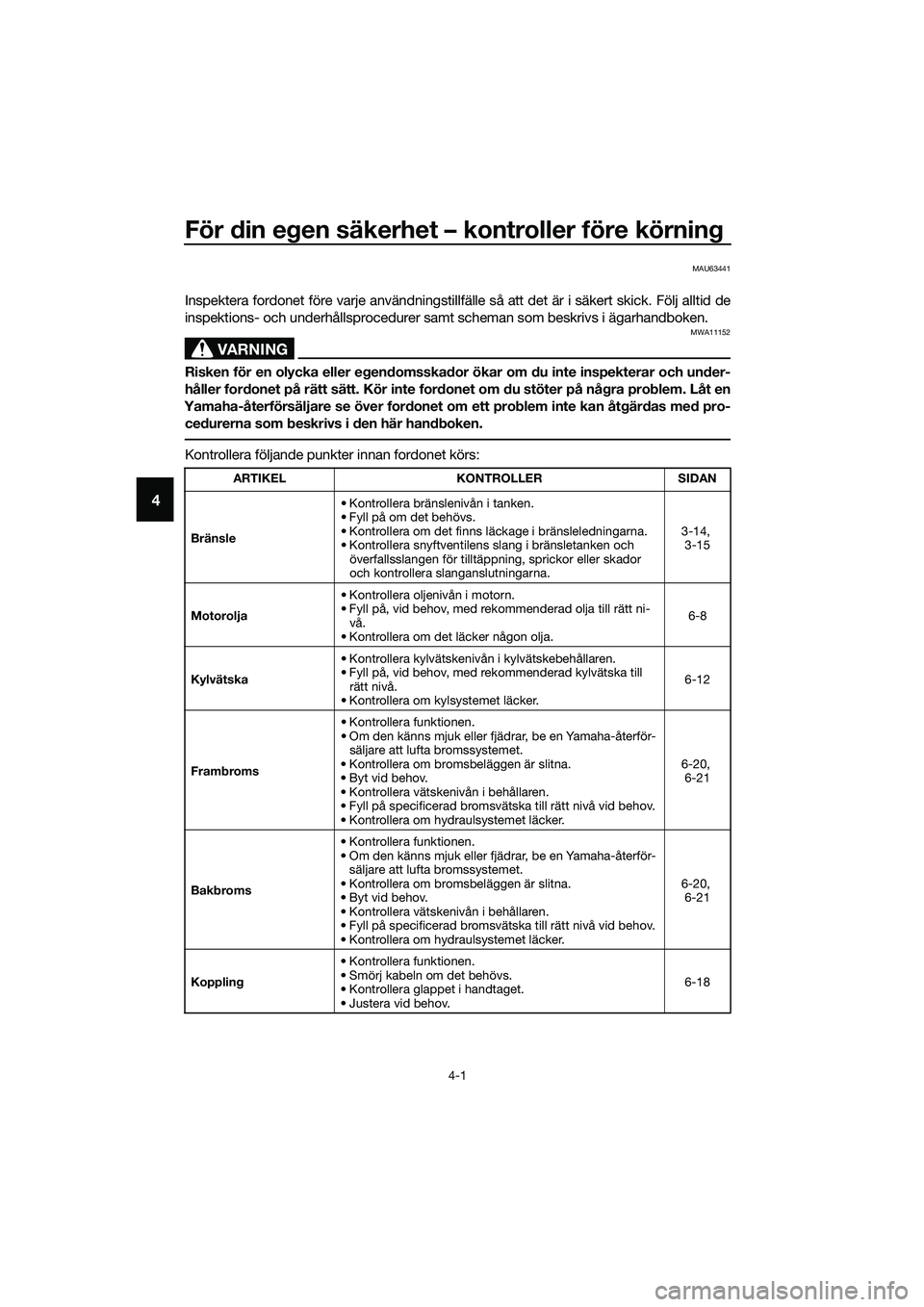 YAMAHA MT-03 2020  Bruksanvisningar (in Swedish) För din egen säkerhet – kontroller före körning
4-1
4
MAU63441
Inspektera fordonet före varje användningstillfälle så att det är i säkert skick. Följ alltid de
inspektions- och underhåll