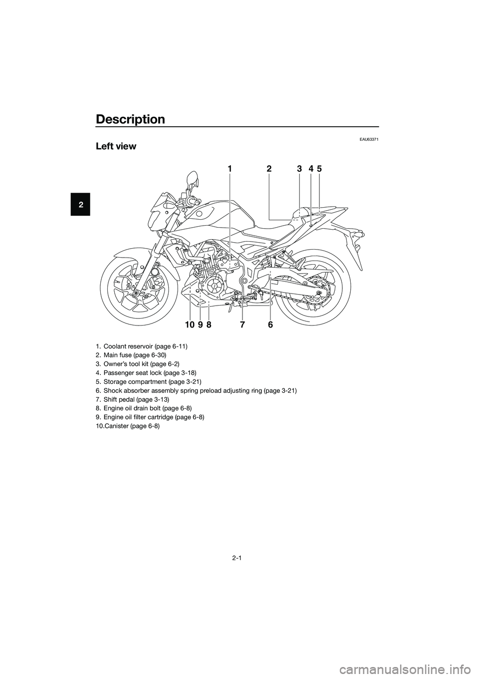 YAMAHA MT-03 2018 User Guide Description
2-1
2
EAU63371
Left view
12345
761098
1. Coolant reservoir (page 6-11)
2. Main fuse (page 6-30)
3. Owner’s tool kit (page 6-2)
4. Passenger seat lock (page 3-18)
5. Storage compartment (