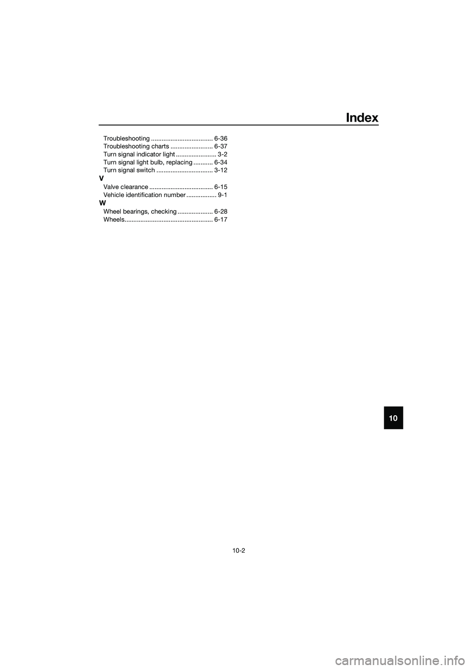 YAMAHA MT-03 2018 Owners Manual Index
10-2
10
Troubleshooting ................................... 6-36
Troubleshooting charts ........................ 6-37
Turn signal indicator light ....................... 3-2
Turn signal light bu YAMAHA MT-03 2018 Owners Manual Index
10-2
10
Troubleshooting ................................... 6-36
Troubleshooting charts ........................ 6-37
Turn signal indicator light ....................... 3-2
Turn signal light bu