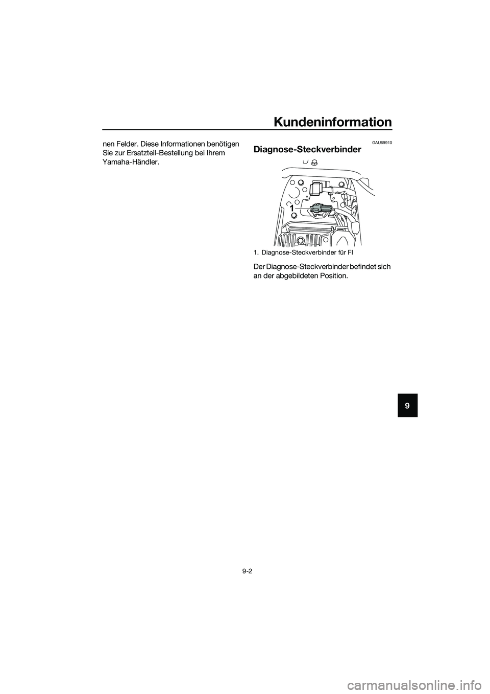 YAMAHA MT-03 2018 Betriebsanleitungen (in German) Kundeninformation
9-2
9
nen Felder. Diese Informationen benötigen
Sie zur Ersatzteil-Bestellung bei Ihrem
Yamaha-Händler.GAU69910
Dia gnose- Steckver bin der
Der Diagnose-Steckverbinder befindet s YAMAHA MT-03 2018 Betriebsanleitungen (in German) Kundeninformation
9-2
9
nen Felder. Diese Informationen benötigen
Sie zur Ersatzteil-Bestellung bei Ihrem
Yamaha-Händler.GAU69910
Dia gnose- Steckver bin der
Der Diagnose-Steckverbinder befindet s