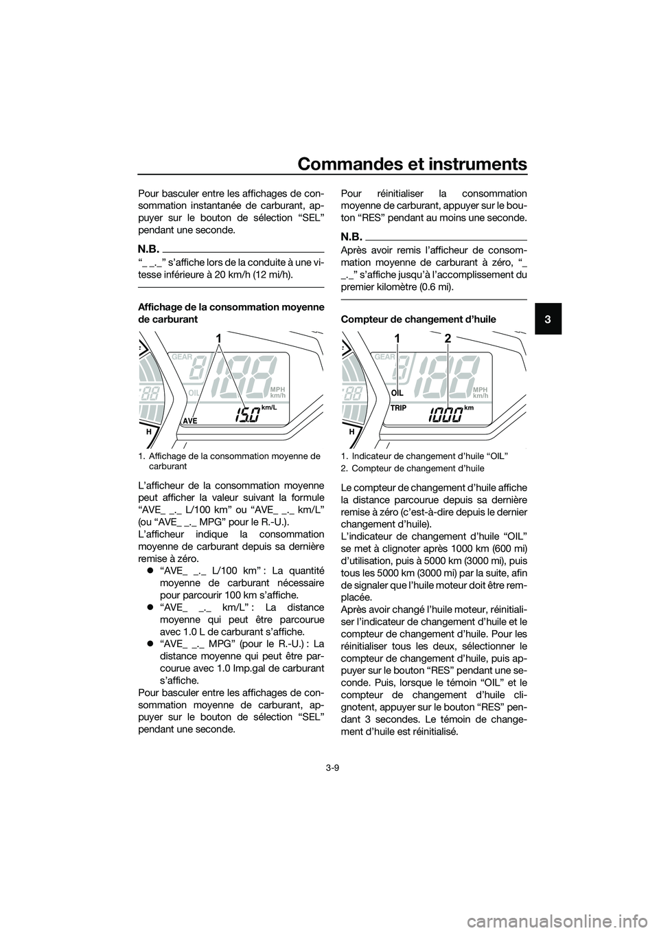 YAMAHA MT-03 2018 Notices Demploi (in French) Commandes et instruments
3-9
3
Pour basculer entre les affichages de con-
sommation instantanée de carburant, ap-
puyer sur le bouton de sélection “SEL”
pendant une seconde.
N.B.
“_ _._” s YAMAHA MT-03 2018 Notices Demploi (in French) Commandes et instruments
3-9
3
Pour basculer entre les affichages de con-
sommation instantanée de carburant, ap-
puyer sur le bouton de sélection “SEL”
pendant une seconde.
N.B.
“_ _._” s